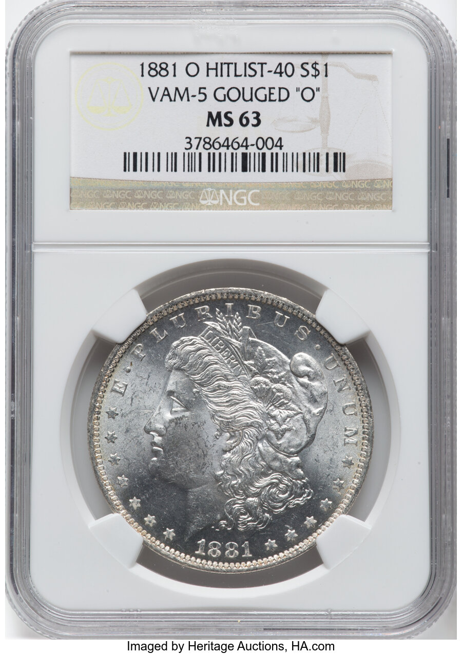 1881-O $1 Gouged "O", VAM-5, MS63 NGC. A Hit List 40 Variety....