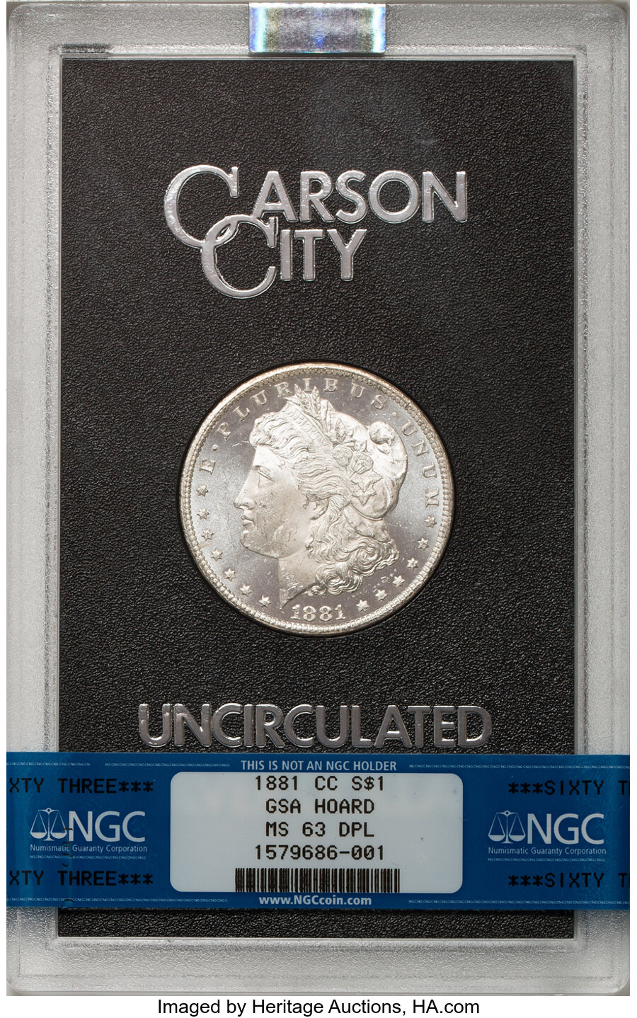image for: 1881-CC $1 GSA MS63 Deep Mirror Prooflike NGC. Included COA and Box. NGC Census: (0/0). PCGS Population: (9/22). CDN: $1,00...