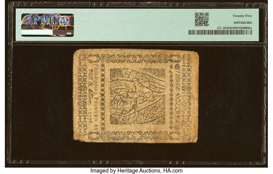 Continental Currency February 17, 1776 $3 PMG Very Fine 25....