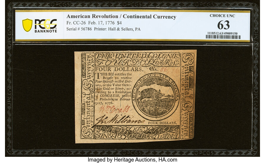 Continental Currency February 17, 1776 $4 PCGS Banknote Choice Unc 63....