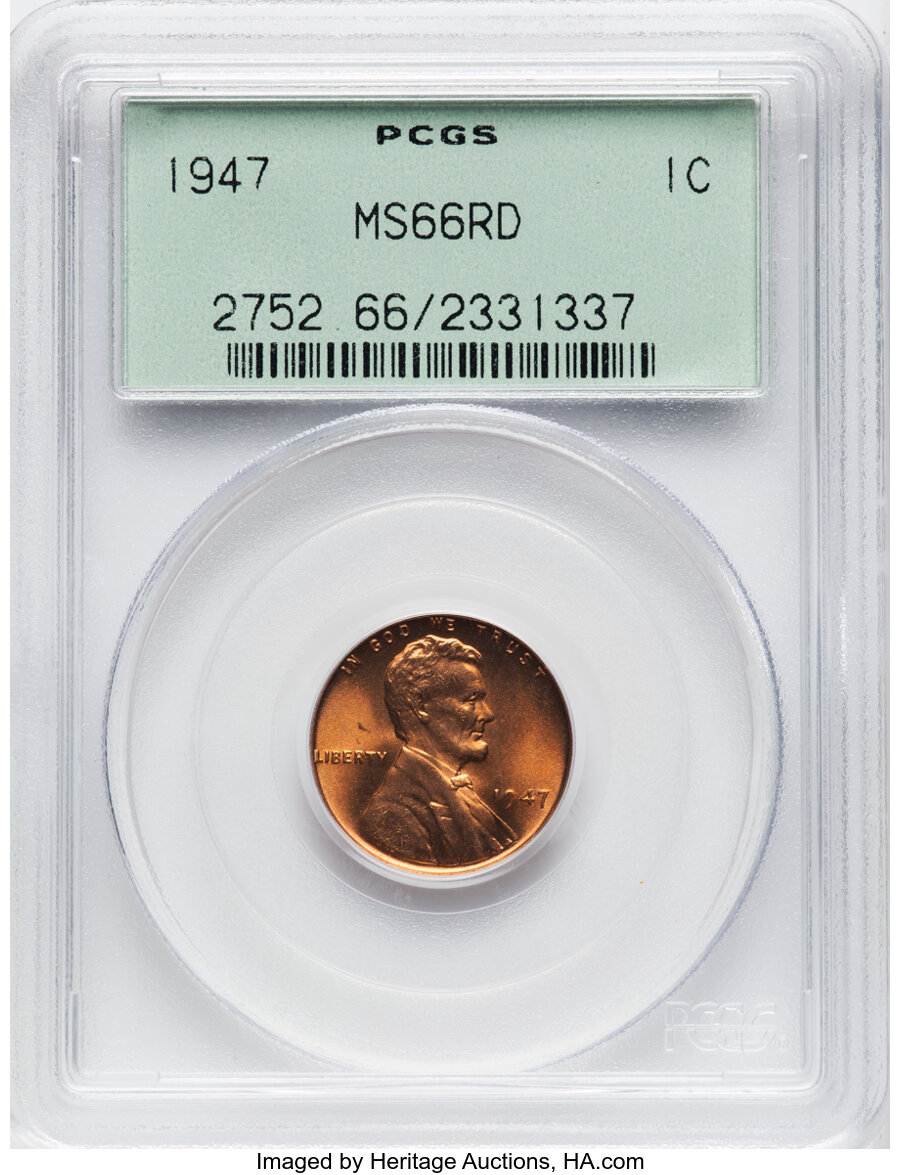 1947 1C MS66 Red PCGS. PCGS Population: (778/32). NGC Census: (1273/46). CDN: $70 Whsle. Bid for NGC/PCGS MS66. Mintage 190...