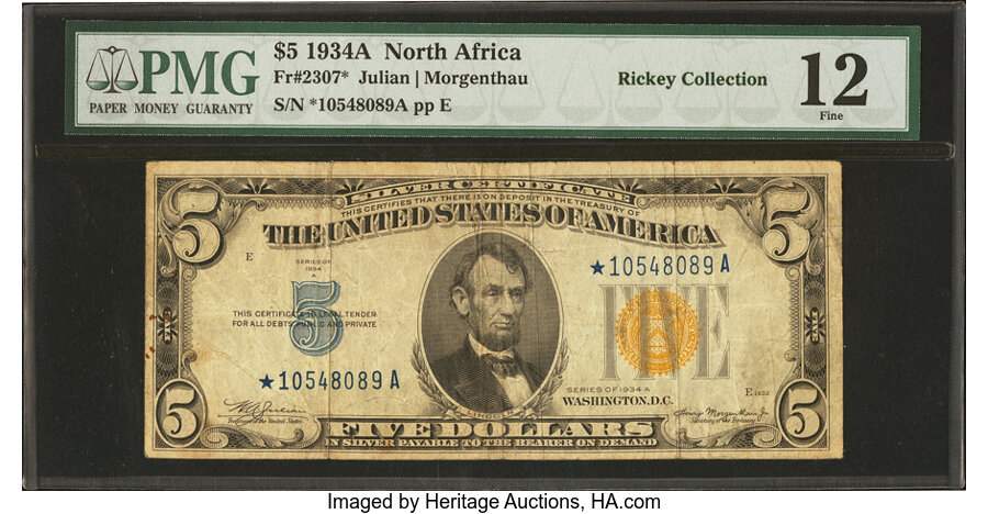 Fr. 2307* $5 1934A North Africa Silver Certificate Star. PMG Fine 12....