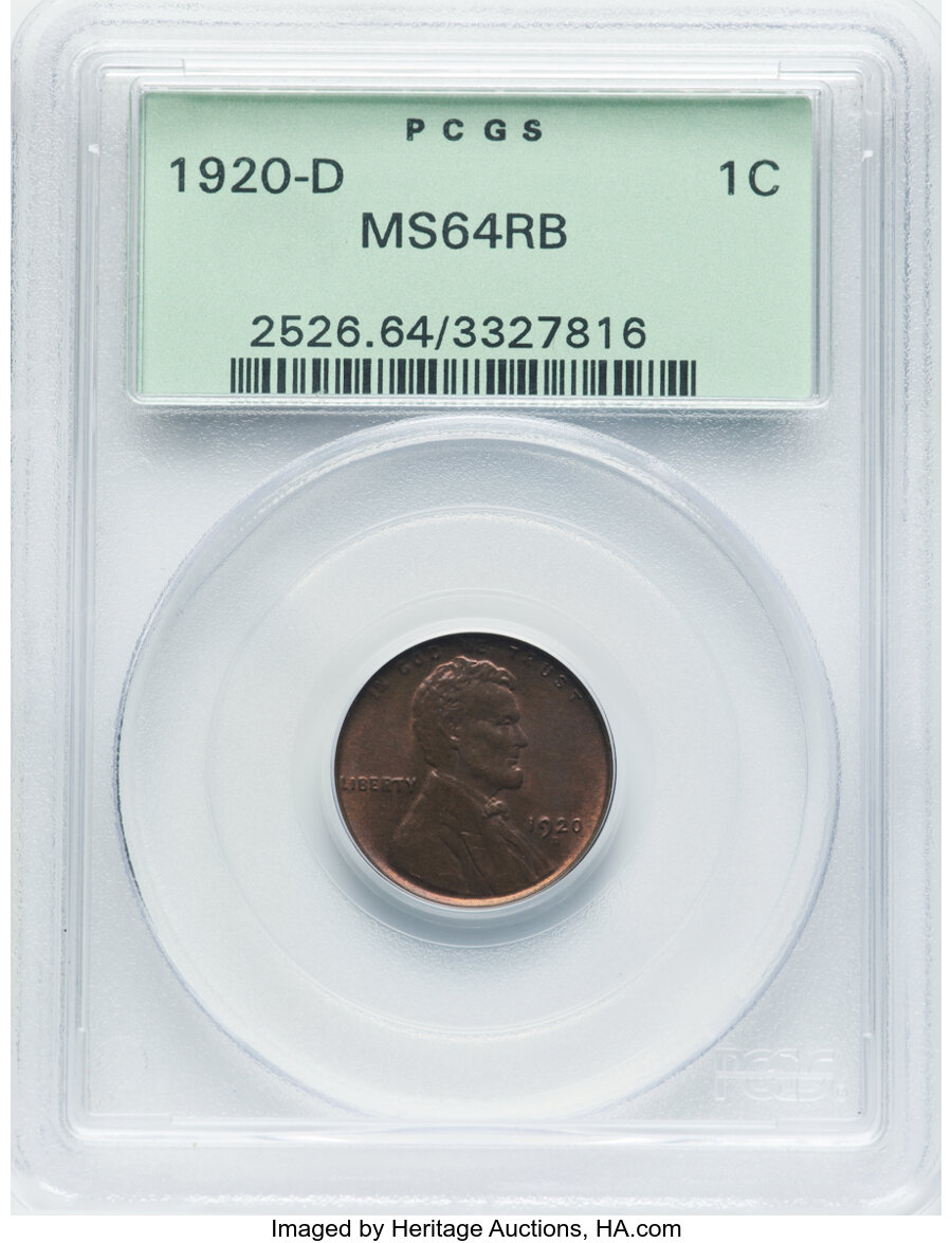 1920-D 1C MS64 Red and Brown PCGS. PCGS Population: (244/66). NGC Census: (125/43). CDN: $210 Whsle. Bid for NGC/PCGS MS64....