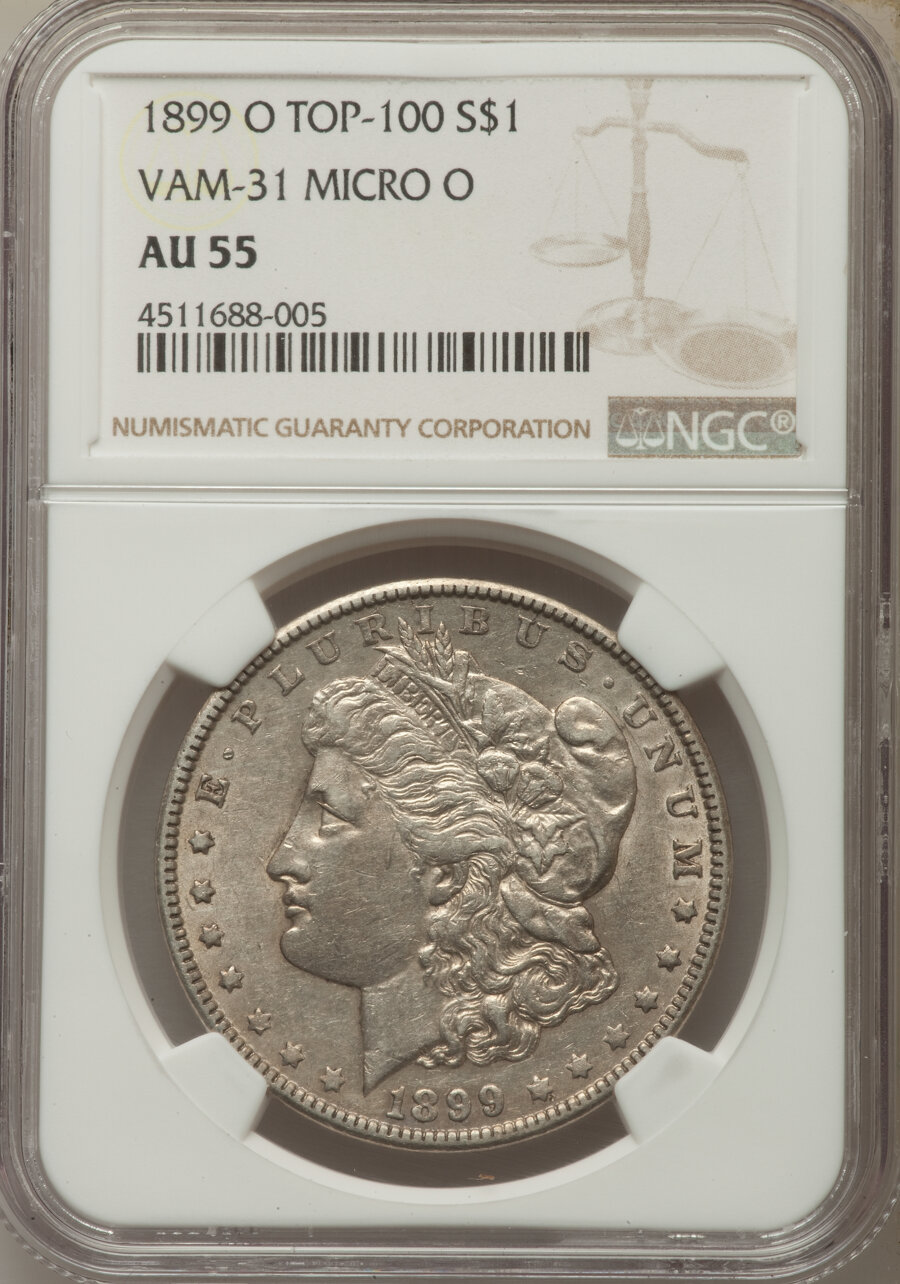1899-O $1 Micro O, VAM-31, AU55 NGC. A Top 100 Variety. NGC Census: (15/16). PCGS Population: (12/24). CDN: $330 Whsle. Bid...
