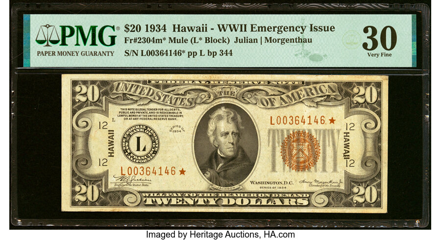 Fr. 2304* $20 1934 Mule Hawaii Federal Reserve Star Note. PMG Very Fine 30....