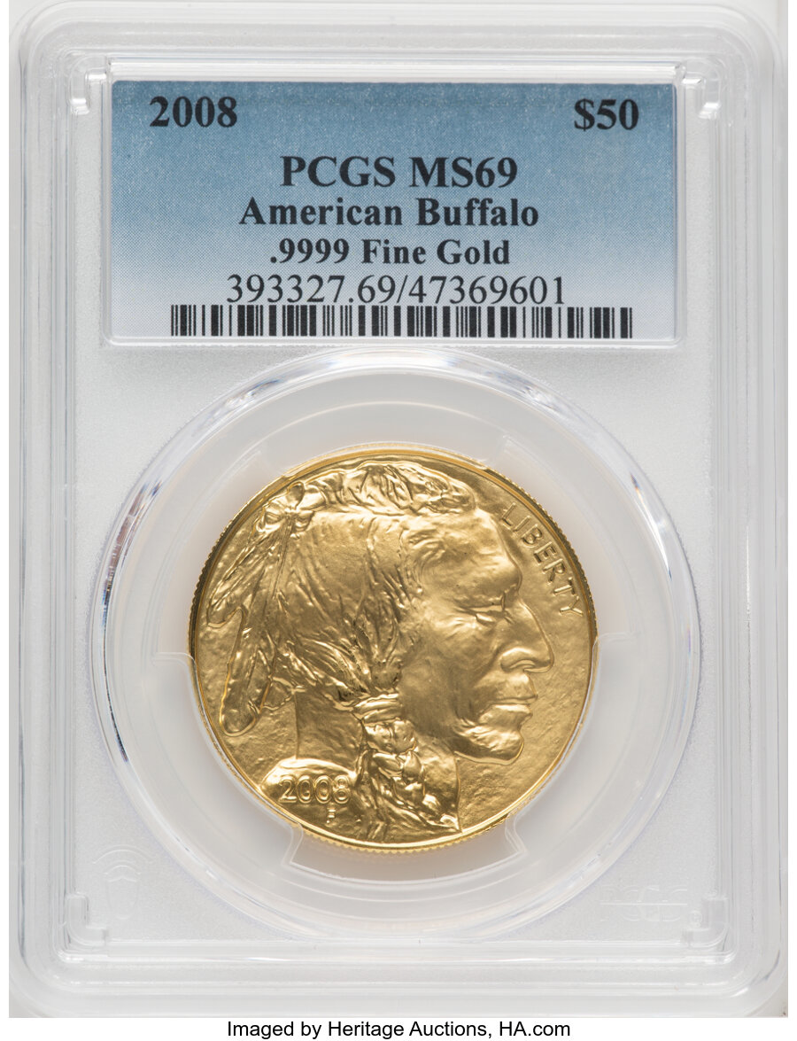2008 $50 One-Ounce Gold Buffalo .9999 Fine Gold MS69 PCGS. PCGS Population: (1344/508). NGC Census: (4532/3978). CDN: $2,34...