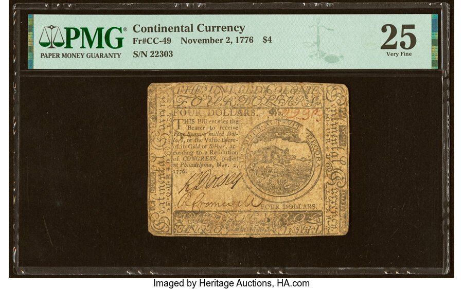 Continental Currency November 2, 1776 $4 PMG Very Fine 25....