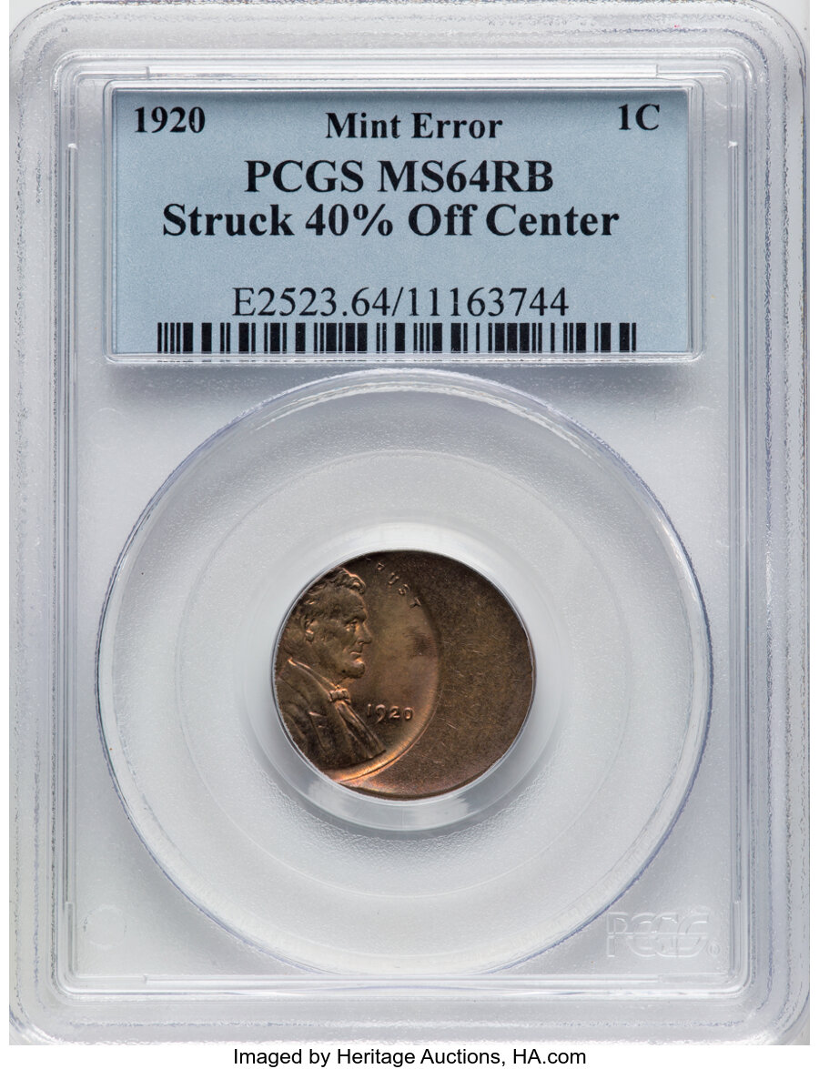 1920 1C Lincoln Cent -- Struck 40% Off Center -- MS64 Red and Brown PCGS....