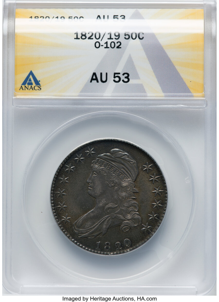 1820/19 50C Curl Base 2, O-102, R.1, AU53 ANACS. ...