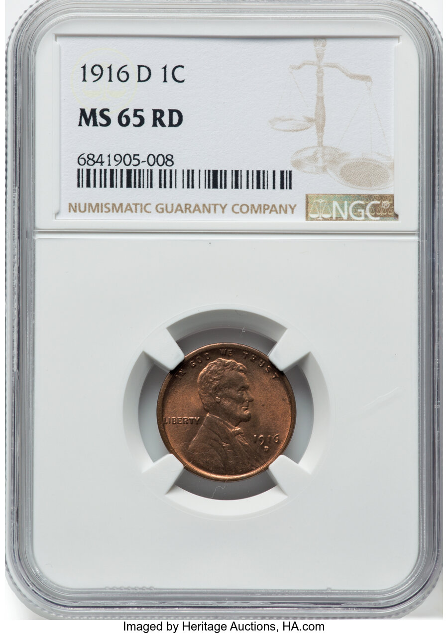 1916-D 1C MS65 Red NGC. NGC Census: (17/4). PCGS Population: (62/24). CDN: $1,100 Whsle. Bid for NGC/PCGS MS65. Mintage 35,...