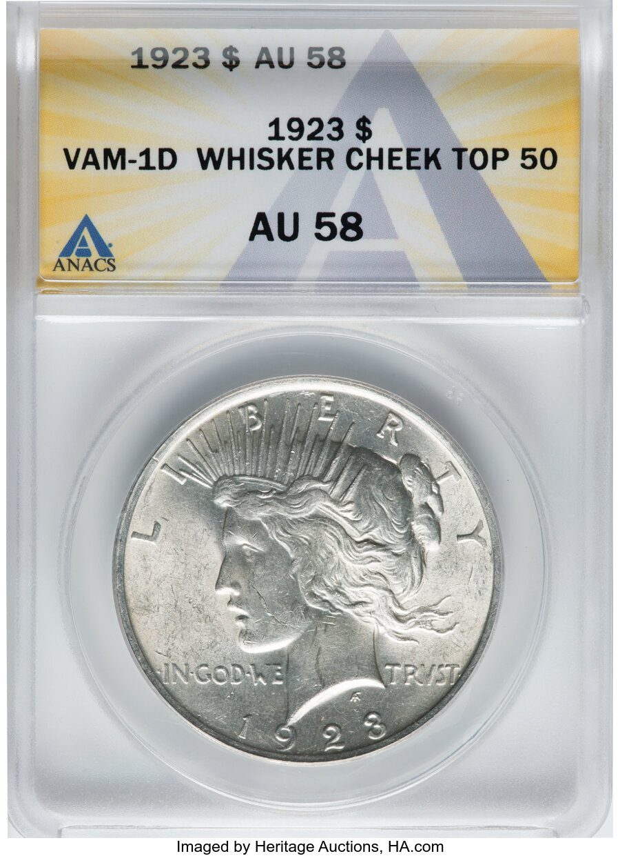 1923 $1 VAM-1D, Whisker Cheek, AU58 ANACS. A Top 50 Variety....
