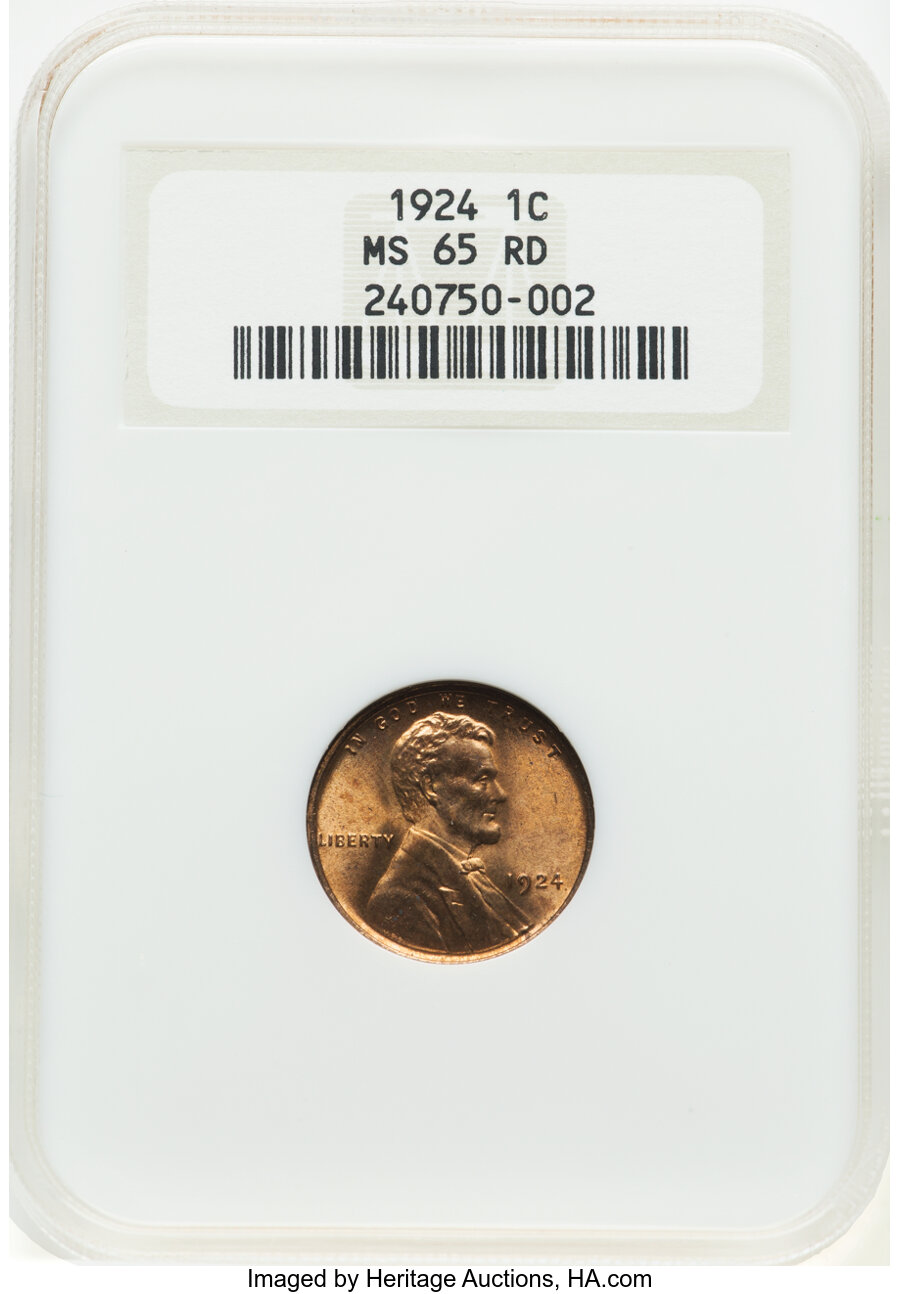 1924 1C MS65 Red NGC. NGC Census: (55/29). PCGS Population: (241/107). CDN: $460 Whsle. Bid for NGC/PCGS MS65. Mintage 75,1...