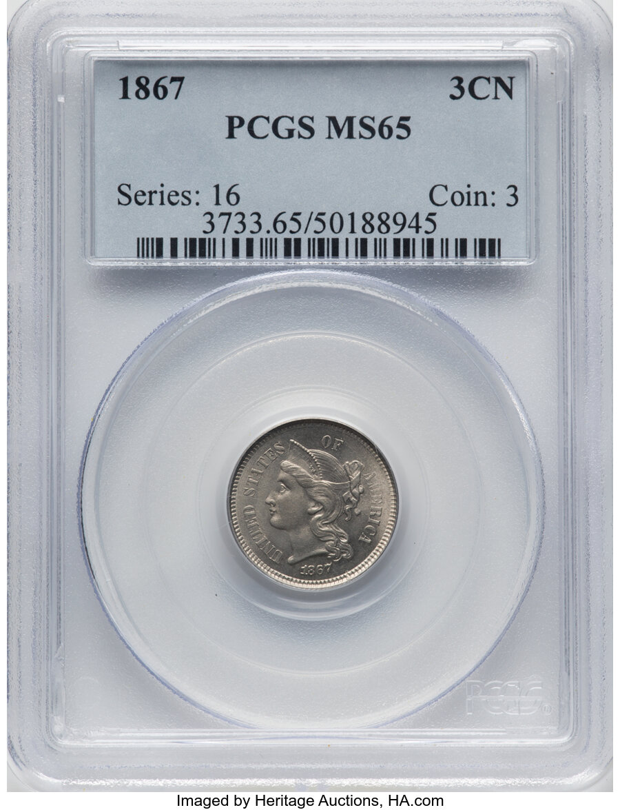 1867 3CN MS65 PCGS. PCGS Population: (60/20). NGC Census: (38/16). CDN: $430 Whsle. Bid for NGC/PCGS MS65. Mintage 3,915,00...