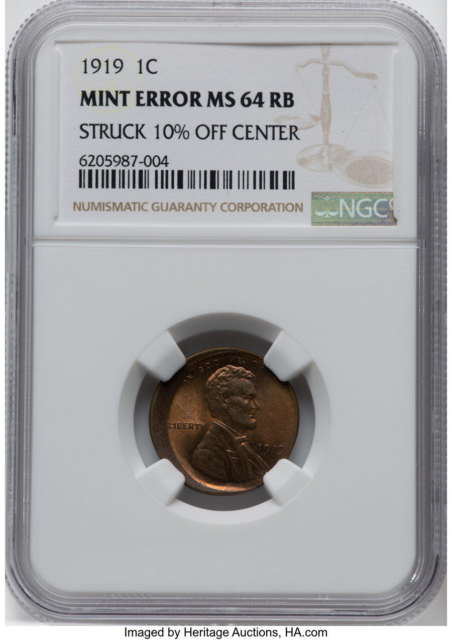 1919 1C Lincoln Cent -- Struck 10% Off Center -- MS64 Red and Brown NGC....