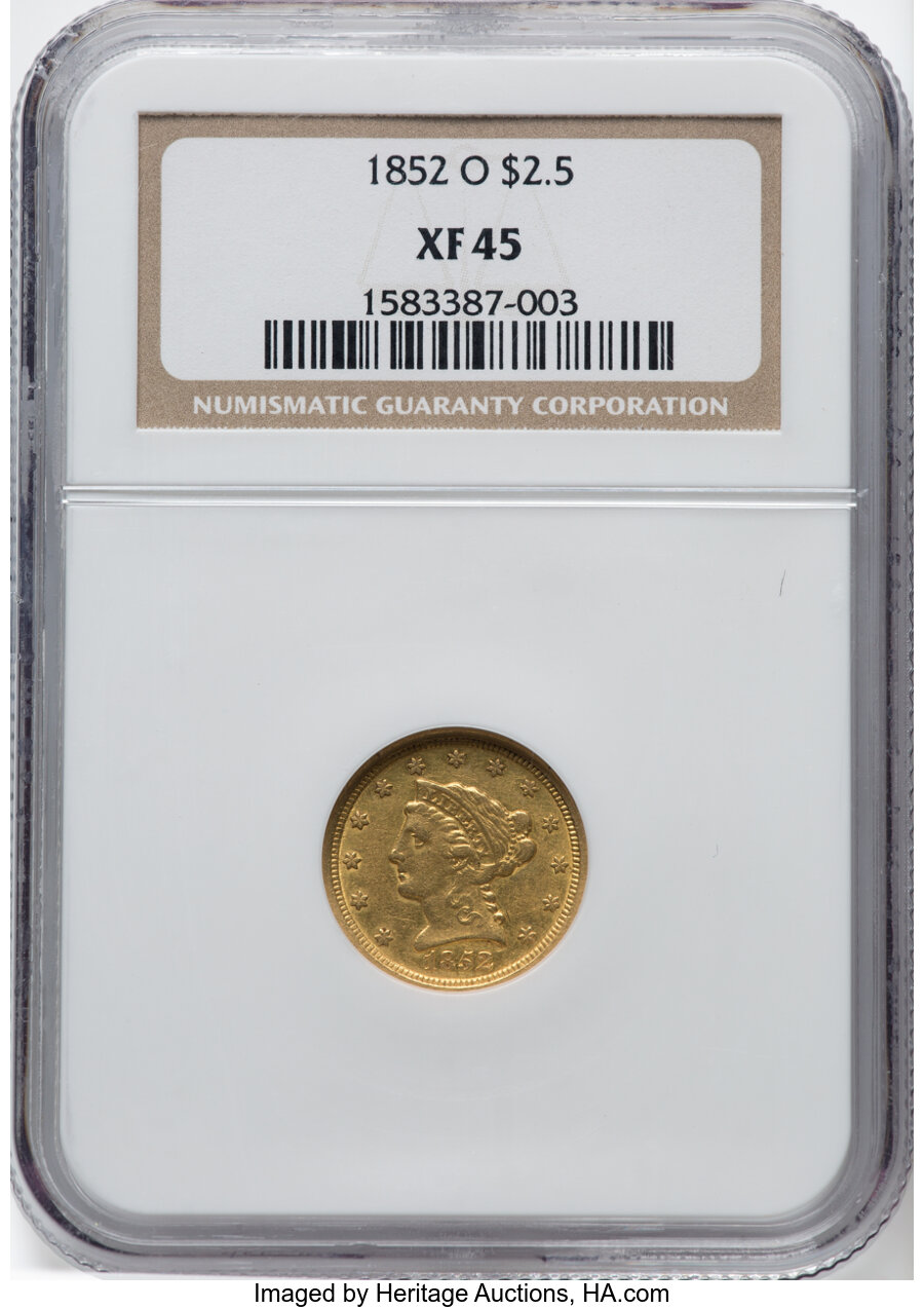 1852-O $2 1/2 XF45 NGC. NGC Census: (77/452). PCGS Population: (80/196). CDN: $675 Whsle. Bid for NGC/PCGS XF45. Mintage 14...