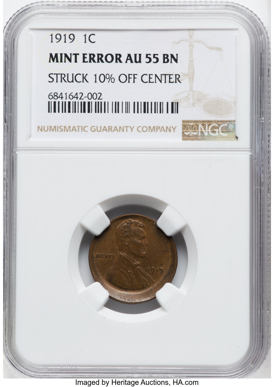 1919 1C Lincoln Cent -- Struck 10% Off Center -- AU55 NGC....