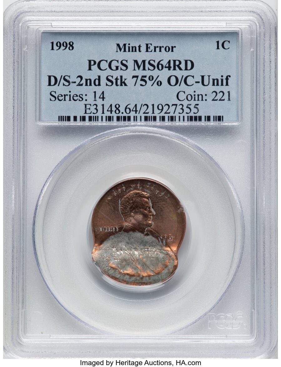 1998 1C Lincoln Cent -- Double Struck 2nd Strike 75% Off Center Uniface -- MS64 Red PCGS....