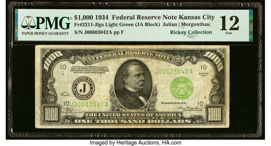 Fr. 2211-J $1,000 1934 Light Green Seal Federal Reserve Note. PMG Fine 12....