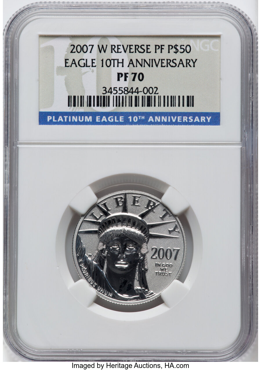 2007-W $50 Half-Ounce Platinum Eagle, Reverse Proof, 10th Anniversary PR70 NGC. NGC Census: (0). PCGS Population: (740). CD...