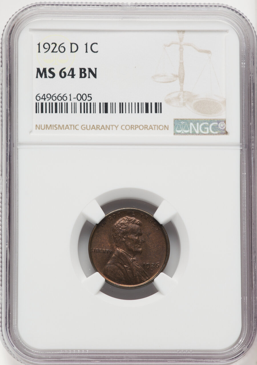 1926-D 1C MS64 Brown NGC. NGC Census: (41/13). PCGS Population: (62/14). CDN: $160 Whsle. Bid for NGC/PCGS MS64. Mintage 28...