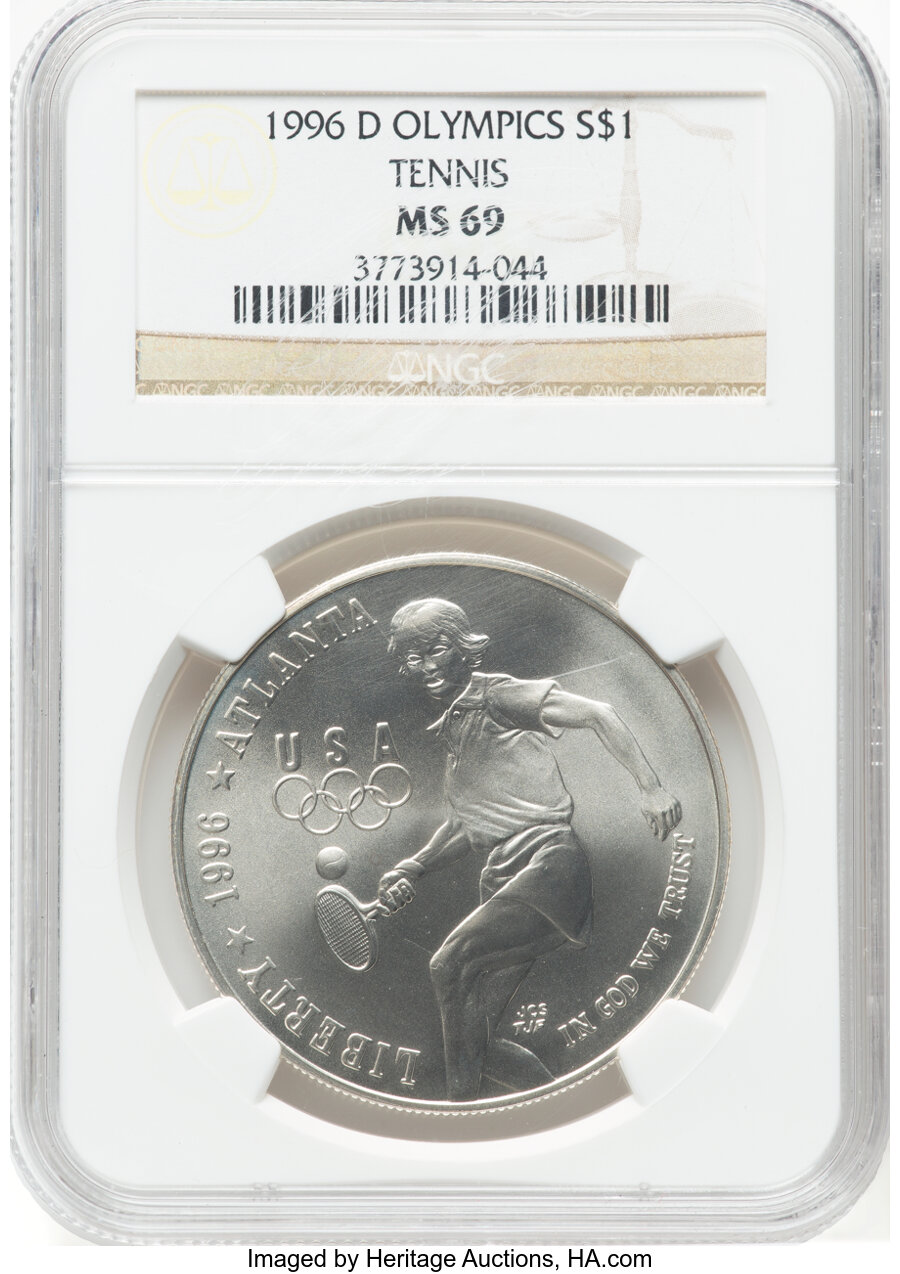 1996-D $1 Olympics Tennis MS69 NGC. NGC Census: (753/111). PCGS Population: (1134/179). CDN: $100 Whsle. Bid for NGC/PCGS M...
