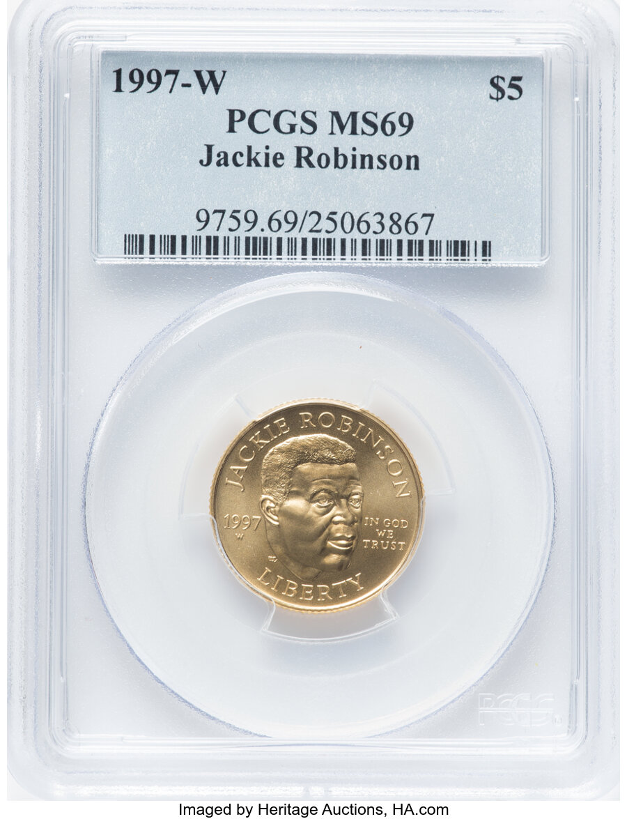 1997-W $5 Jackie Robinson Gold Five Dollar MS69 PCGS. PCGS Population: (1037/105). NGC Census: (621/333). CDN: $660 Whsle. ...