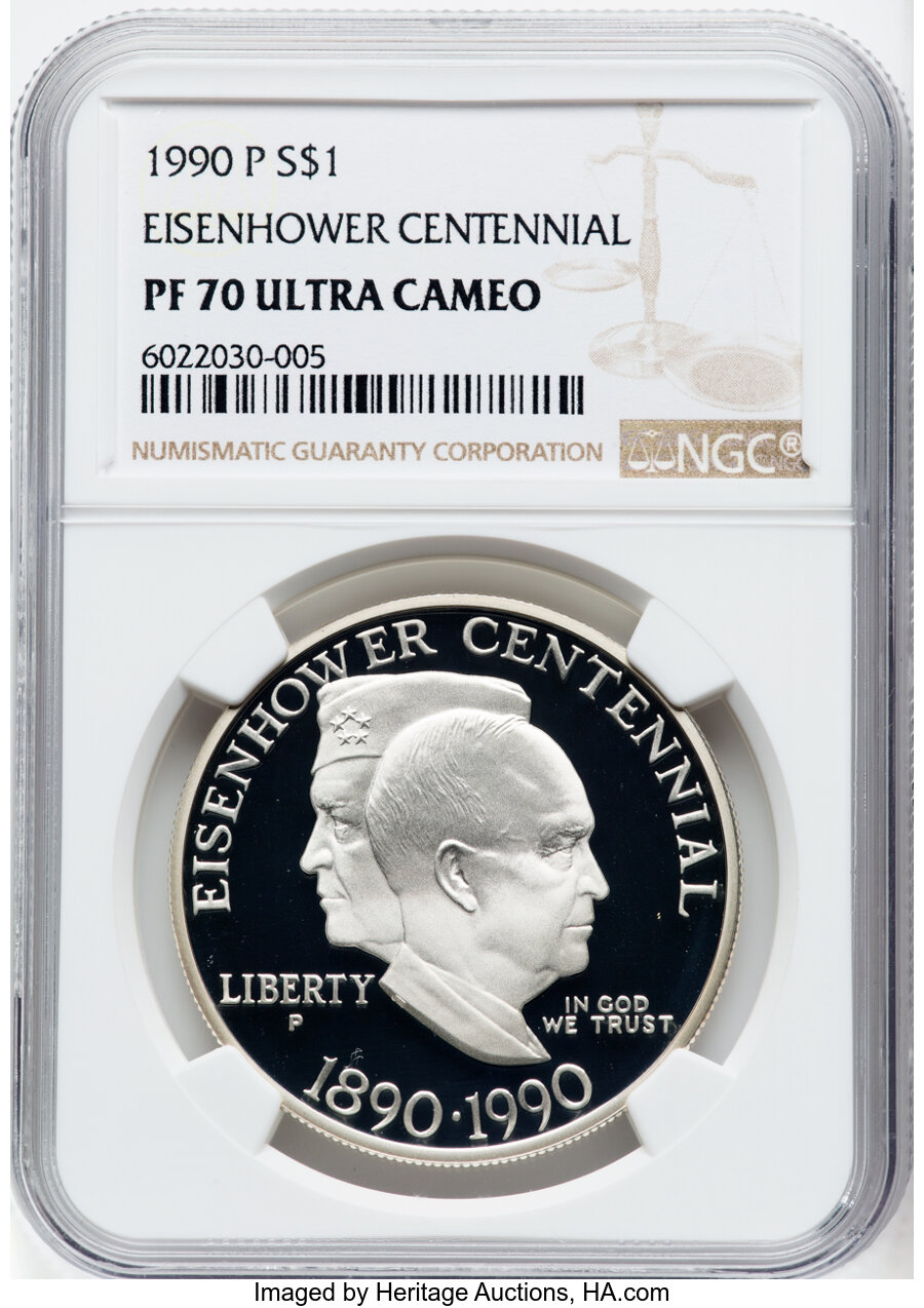 1990-P $1 Eisenhower Centennial PR70 Ultra Cameo NGC. NGC Census: (372). PCGS Population: (351). CDN: $110 Whsle. Bid for N...