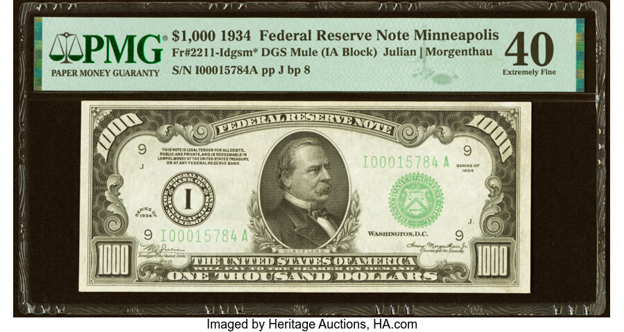 Fr. 2211-I $1,000 1934 Federal Reserve Note. PMG Extremely Fine 40....