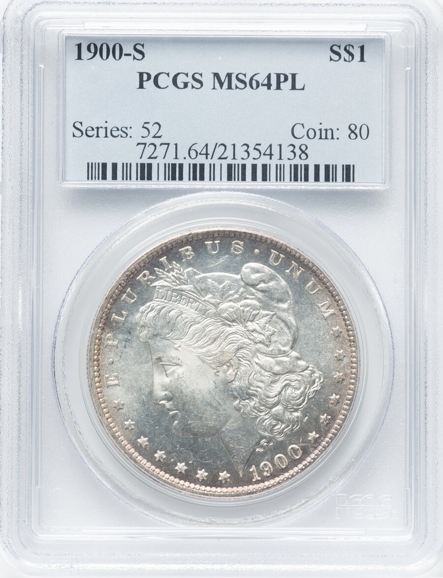 1900-S $1 MS64 Prooflike PCGS. PCGS Population: (88/27). NGC Census: (68/9). CDN: $1,300 Whsle. Bid for NGC/PCGS MS64. Mint...