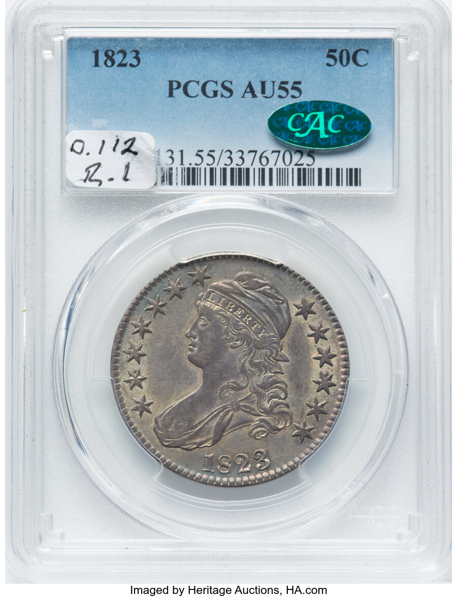 1823 50C O-112, R.1, AU55 PCGS. CAC. PCGS Population: (6/5). NGC Census: (3/11). CDN: $700 Whsle. Bid for NGC/PCGS AU55....