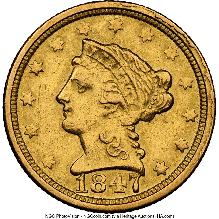1847-O $2 1/2 AU55 NGC. NGC Census: (69/89). PCGS Population: (18/40). CDN: $1,500 Whsle. Bid for NGC/PCGS AU55. Mintage 12...