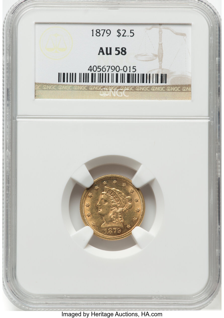 1879 $2 1/2 AU58 NGC. NGC Census: (253/758). PCGS Population: (186/536). CDN: $397.94.Whsle. Bid for NGC/PCGS AU58. Mintage...