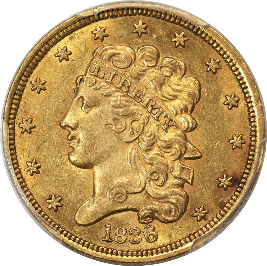 image for: 1836 $5 Block 8, HM-6, R.3, AU58 PCGS....
