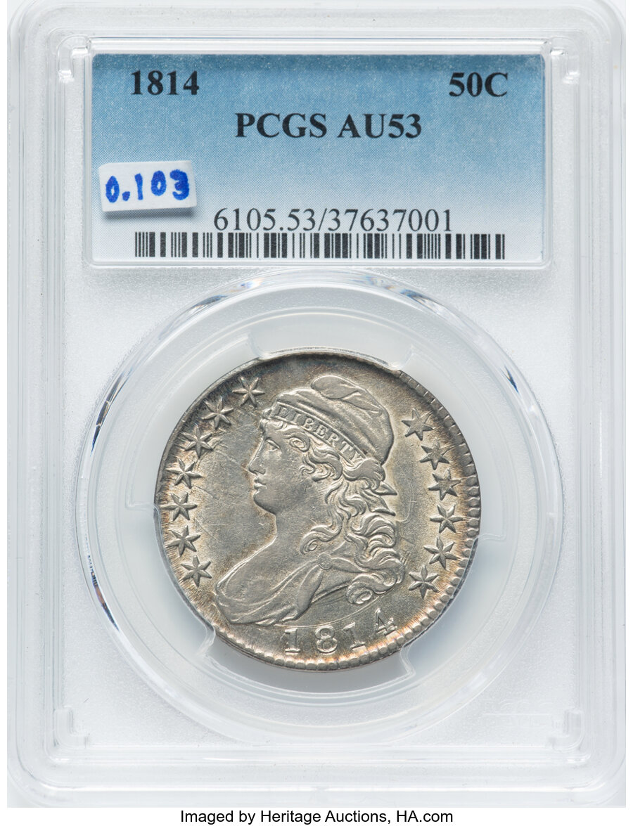 1814 50C O-103, R.1, AU53 PCGS. PCGS Population: (2/12). NGC Census: (2/30). CDN: $880 Whsle. Bid for NGC/PCGS AU53....
