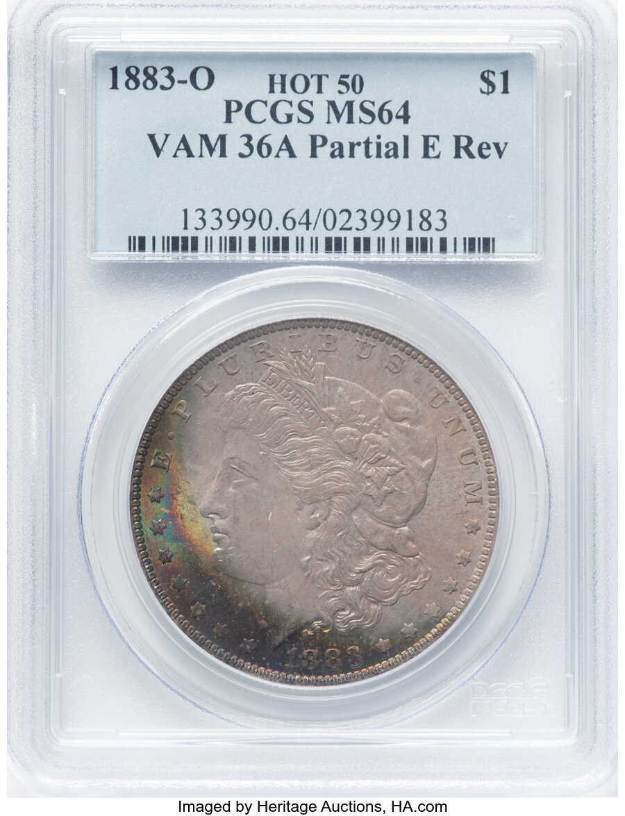 1883-O $1 Partial E on Reverse, VAM-36A, Hot 50, MS64 PCGS. PCGS Population: (80/33). NGC Census: (42/4). CDN: $140 Whsle. ...