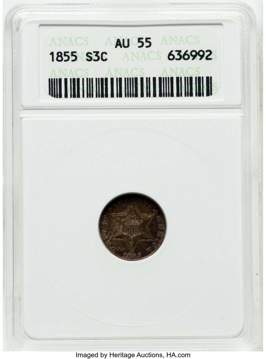 1855 3CS AU55 ANACS. Mintage 139,000. ...