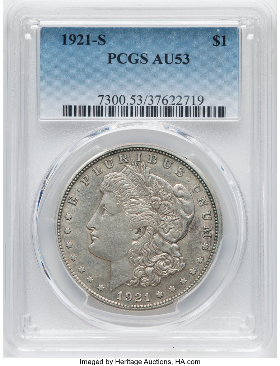 1921-S $1 AU53 PCGS. PCGS Population: (237/18065). NGC Census: (139/17212). CDN: $33 Whsle. Bid for NGC/PCGS AU53. Mintage ...