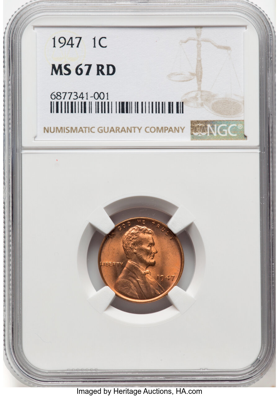 1947 1C MS67 Red NGC. NGC Census: (46/0). PCGS Population: (32/0). CDN: $1,140 Whsle. Bid for NGC/PCGS MS67. Mintage 190,55...