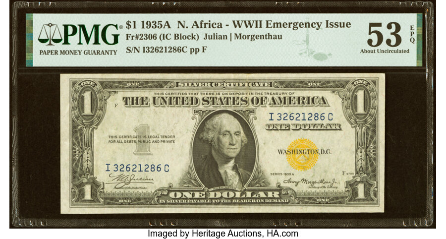 Fr. 2306 $1 1935A North Africa Silver Certificate. PMG About Uncirculated 53 EPQ....