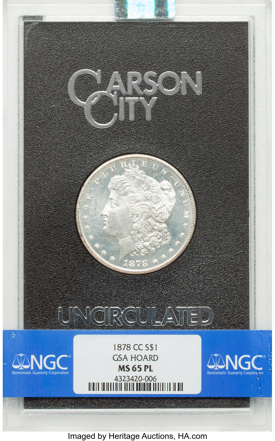 1878-CC $1 GSA MS65 Prooflike NGC. Box included. NGC Census: (7/2). PCGS Population: (2/0). MS65. Mintage 2,212,000....