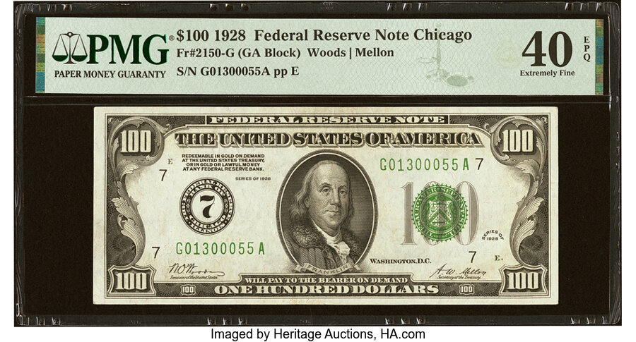 Fr. 2150-G $100 1928 Federal Reserve Note. PMG Extremely Fine 40 EPQ....