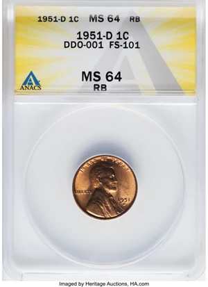 image for: 1951-D 1C Doubled Die Obverse-001, FS-101, MS64 Red and Brown ANACS. Mintage 625,355,000....