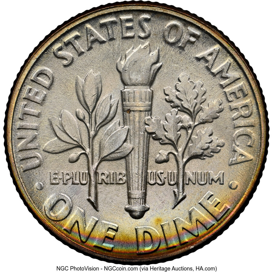1947 10C MS67+ Full Bands NGC. NGC Census: (68/7 and 9/0+). Mintage 121,520,000. ...
