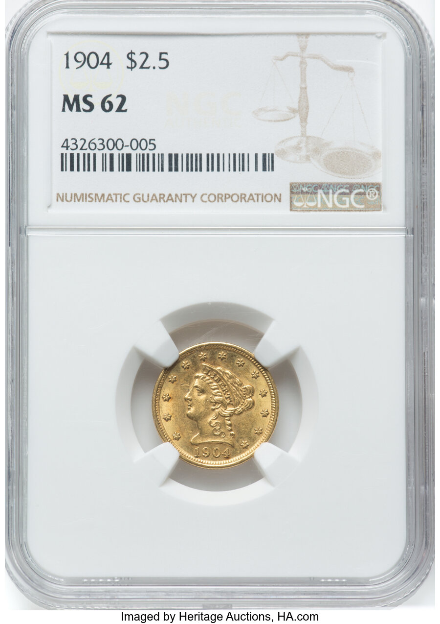 1904 $2 1/2 MS62 NGC. NGC Census: (1299/2947). PCGS Population: (1009/3163). CDN: $435 Whsle. Bid for NGC/PCGS MS62. Mintag...