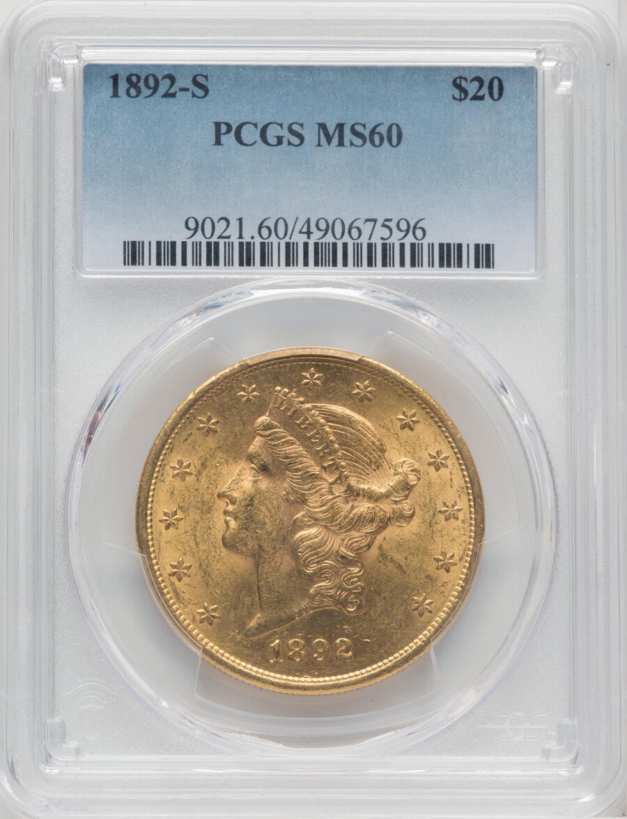 1892-S $20 MS60 PCGS. Mintage 930,150. ...