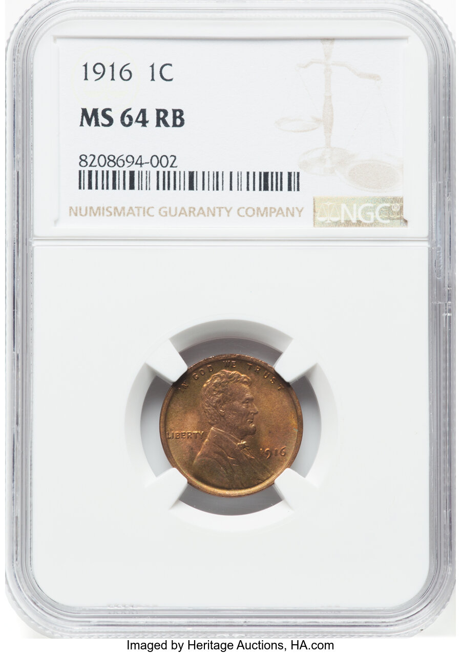 1916 1C MS64 Red and Brown NGC. NGC Census: (258/162). PCGS Population: (630/275). CDN: $60 Whsle. Bid for NGC/PCGS MS64. M...
