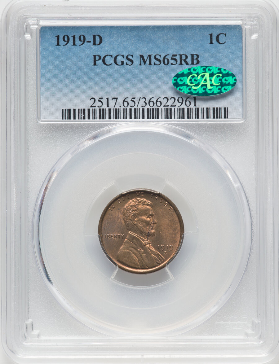 1919-D 1C MS65 Red and Brown PCGS. CAC. PCGS Population: (53/6). NGC Census: (39/6). CDN: $810 Whsle. Bid for NGC/PCGS MS65...