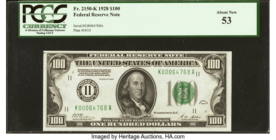 Fr. 2150-K $100 1928 Federal Reserve Note. PCGS About New 53....