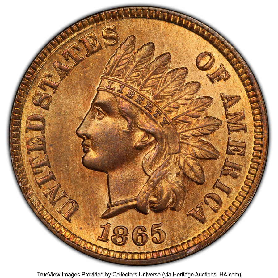 1865 1C Plain 5 MS65 Red and Brown PCGS. CAC. PCGS Population: (47/7 and 0/0+). NGC Census: (10/1 and 0/0+). CDN: $700 Whsl...