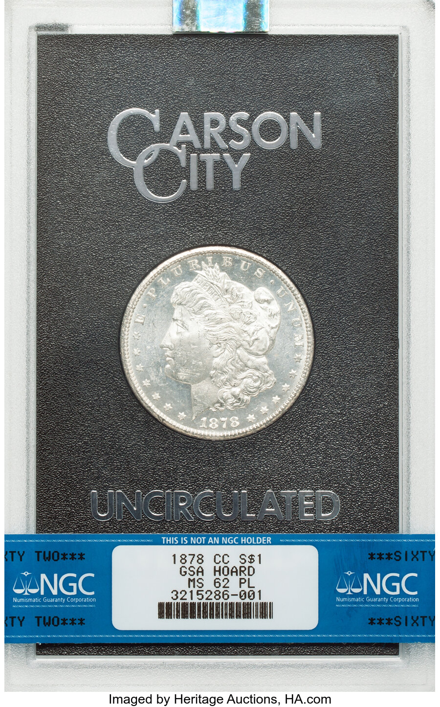 1878-CC $1 GSA MS62 Prooflike NGC. Box and COA Included. NGC Census: (78/207). PCGS Population: (4/28). MS62. Mintage 2,212...